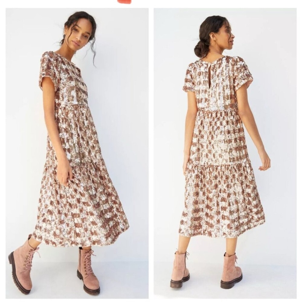 Maeve by Anthropologie Rose Gold Sequin Midi Dress